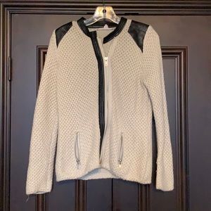 Cream Knit Sweater Jacket w Faux Leather Trim
